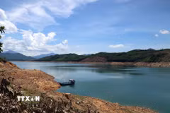 Mực nước ở lòng hồ thủy điện Sông Tranh 2 giảm mạnh do thiếu hụt lượng nước từ các sông, suối từ thượng nguồn đổ về. (Ảnh: Đỗ Trưởng/TTXVN)