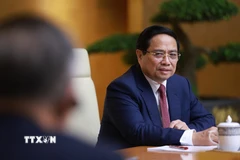 Thủ tướng Phạm Minh Chính phát biểu tại cuộc tiếp đồng chí Lâm Vũ, Bí thư Tỉnh ủy Sơn Đông (Trung Quốc). (Ảnh: Dương Giang/TTXVN)