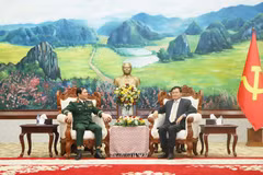 Đại tướng Nguyễn Tân Cương (trái) chào xã giao Tổng Bí thư, Chủ tịch nước Lào Thongloun Sisoulith. (Ảnh: Xuân Tú/TTXVN)