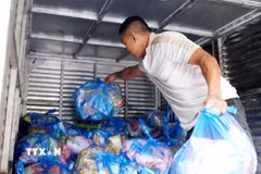 Xếp hàng cứu trợ lên xe tải để chở vào cứu trợ người dân vùng lũ Gia Lai. (Ảnh: Lê Phước Ngọc/TTXVN)