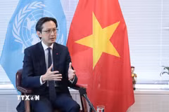 Đại sứ Đỗ Hùng Việt thông tin tới báo chí quốc tế về Hội nghị Kiểm điểm Hiệp ước NPT lần thứ 11. (Ảnh: Thanh Tuấn/TTXVN)