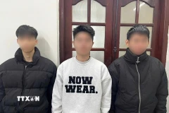 Các đối tượng tại Cơ quan Cảnh sát điều tra Công an tỉnh Tuyên Quang. (Ảnh: TTXVN phát)