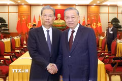 Tổng Bí thư Tô Lâm và Ủy viên trưởng Nhân đại toàn quốc Trung Quốc Triệu Lạc Tế. (Ảnh: Thống Nhất/TTXVN)