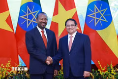 Thủ tướng Phạm Minh Chính và Thủ tướng Ethiopia Abiy Ahmed Ali hội đàm. (Ảnh: Dương Giang/TTXVN)