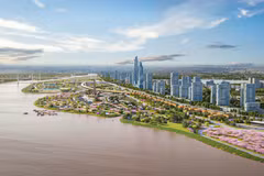 Dự án có tổng mức đầu tư khoảng 855.000 tỷ đồng với quy mô 11.000 ha, kéo dài từ cầu Sông Hồng đến cầu Mễ Sở, thuộc địa giới 19 xã, phường của thành phố Hà Nội, tổng chiều dài khoảng 80km. (Ảnh phối cảnh: Phan Phương/TTXVN)