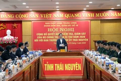 Quang cảnh hội nghị công bố Quyết định kiểm tra, giám sát đối với Ban Thường vụ Tỉnh ủy Thái Nguyên. (Ảnh: Trần Trang/TTXVN)