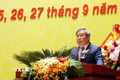 Bí thư Tỉnh ủy Quảng Ninh nhiệm kỳ 2025-2030 Vũ Đại Thắng phát biểu bế mạc Đại hội. (Ảnh: Văn Đức/TTXVN)