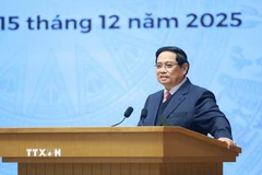 Thủ tướng Phạm Minh Chính phát biểu tại Lễ kỷ niệm 50 năm thành lập Ủy ban Biên giới Quốc gia. (Ảnh: Dương Giang/TTXVN)