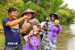 Du khách thích thú với hoạt động trải nghiệm hái xoài tại vườn ở xã Cam Lâm (Khánh Hòa). (Ảnh: TTXVN phát)