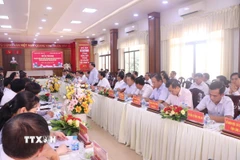 Quang cảnh buổi làm việc giữa UBND hai tỉnh Long An và Tây Ninh. (Ảnh: Bùi Giang/TTXVN)