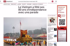 Bài viết trên SwissInfo có nhan đề “Việt Nam kỷ niệm 80 năm độc lập với lễ diễu hành quy mô lớn”. (Ảnh: Chụp bài báo)