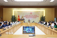 Thủ tướng Phạm Minh Chính chủ trì Phiên họp lần thứ 32 của Ban Chỉ đạo chống khai thác hải sản bất hợp pháp. (Ảnh: Dương Giang/TTXVN)