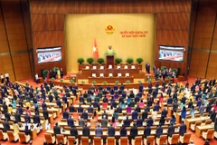 Các đại biểu Quốc hội thực hiện nghi lễ chào cờ. (Ảnh: Phạm Kiên/TTXVN)