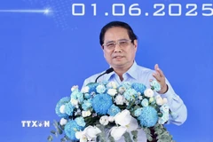 Thủ tướng Phạm Minh Chính phát biểu tại Lễ khởi công dự án Tổ hợp Không gian sáng tạo CMC tại Hà Nội. (Ảnh: Dương Giang/TTXVN)