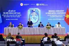 Quang cảnh buổi họp báo quốc tế thông báo kết quả Lễ mở ký Công ước Hà Nội. (Ảnh: Tuấn Anh/TTXVN)