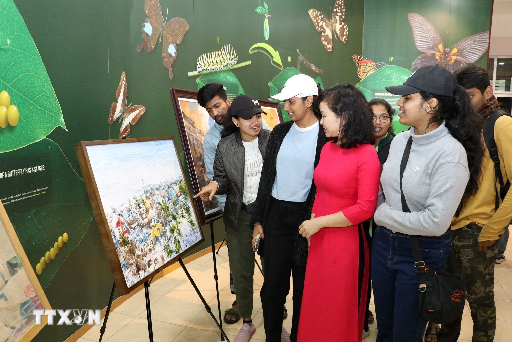 Deltagarna besöker målningar med teman som rör Vietnams och Finlands land och folk. (Foto: Duc Phuong/VNA) ttxvn-tong-bi-thu-to-lam-tham-phan-lan-19-6.jpg