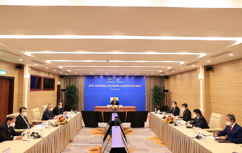 Hình ảnh điểm cầu Việt Nam tại cuộc họp không chính thức các nhà lãnh đạo APEC theo hình thức trực tuyến. (Ảnh: Thống Nhất/TTXVN)