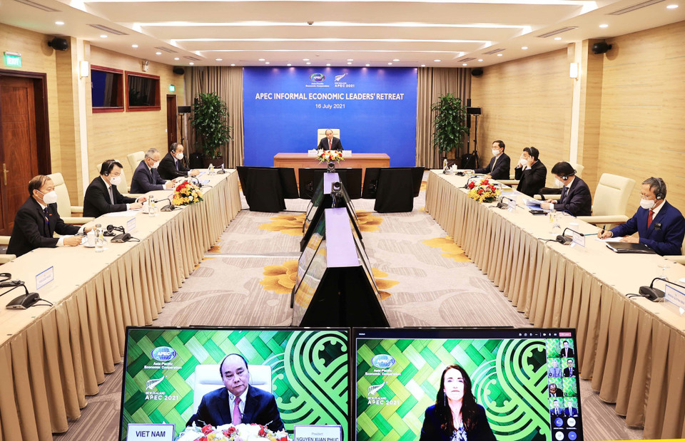 Hình ảnh điểm cầu Việt Nam tại cuộc họp không chính thức các nhà lãnh đạo APEC theo hình thức trực tuyến. (Ảnh: Thống Nhất/TTXVN)