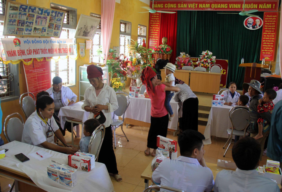 Hoạt động khám bệnh và tư vấn, chăm sóc sức khỏe miễn phí cho hơn 150 học sinh, thiếu niên, nhi đồng tại xã Phiêng Khoài, huyện Yên Châu. (Ảnh: Diệp Anh/TTXVN)