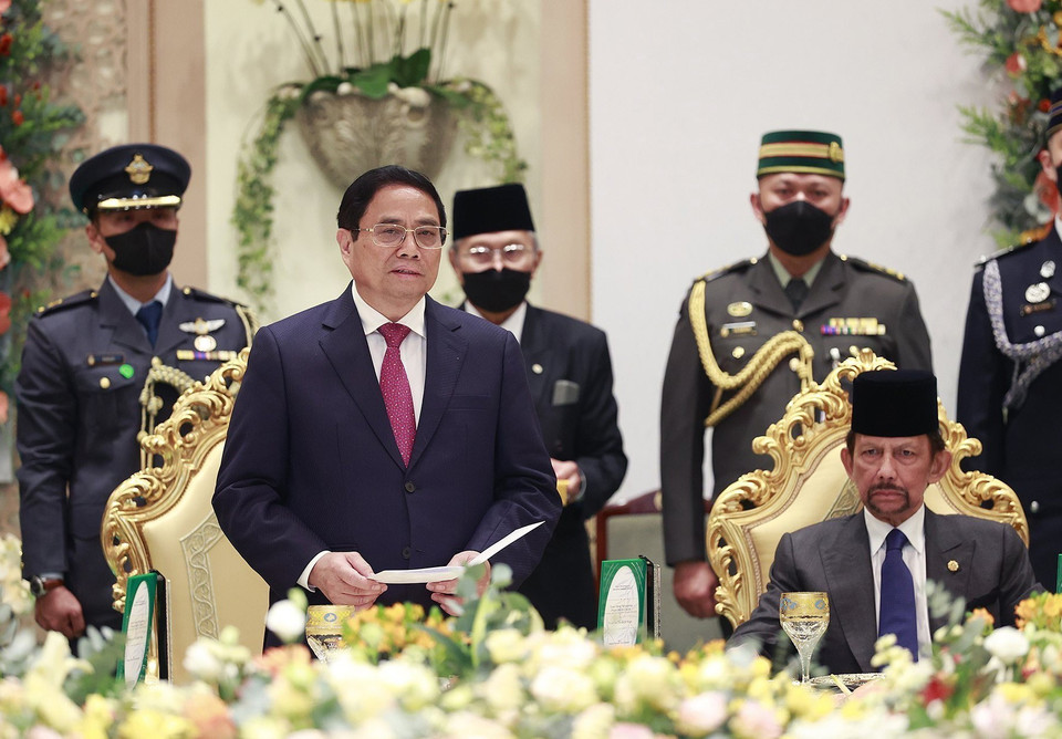 Thủ tướng Phạm Minh Chính phát biểu tại tiệc chiêu đãi. (Ảnh: Dương Giang/TTXVN)