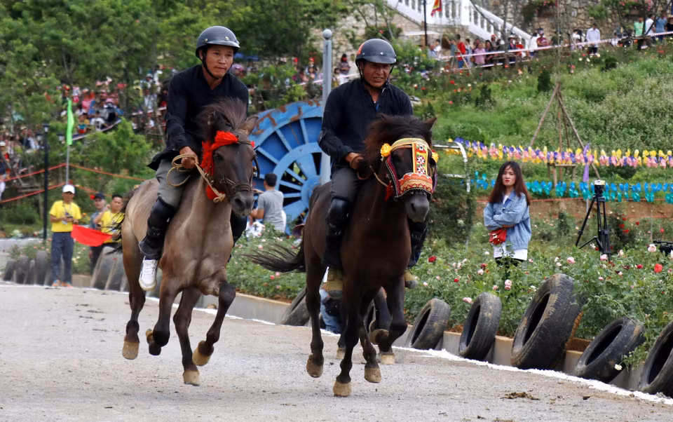 Các nài ngựa thi đấu trong ngày khai mạc. (Ảnh: Quốc Khánh/TTXVN) Ngày 1/6/2019, tại Khu du lịch Cáp treo Sun World Fansipan Legend ở thị trấn Sa Pa (Lào Cai), đã khai mạc giải đua ngựa Fansipan mang chủ đề "Vó ngựa trên mây" 2019, với sự tham gia của 17 nài ngựa xuất sắc nhất đến từ các xã trên địa bàn tỉnh./.