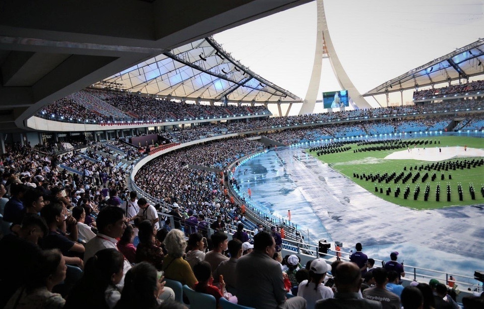 Sân Vận động Quốc gia Morodok Techo trước giờ khai mạc. (Ảnh: Huỳnh Thảo/TTXVN)