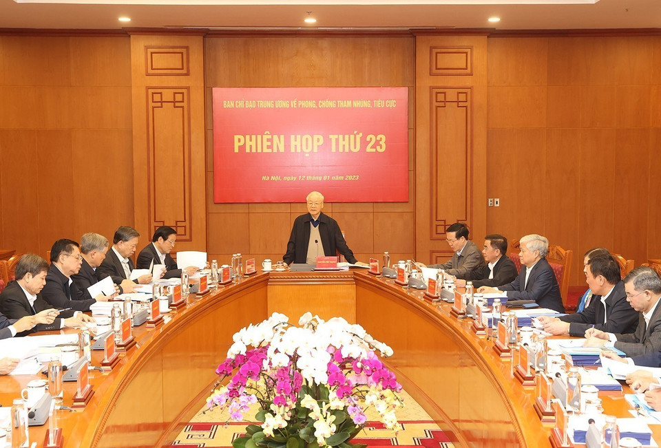 Sáng 12/1/2023, tại Trụ sở Trung ương Đảng, Tổng Bí thư Nguyễn Phú Trọng, Trưởng Ban Chỉ đạo chủ trì Phiên họp thứ 23 của Ban Chỉ đạo Trung ương về phòng, chống tham nhũng, tiêu cực. (Ảnh: Trí Dũng/TTXVN)