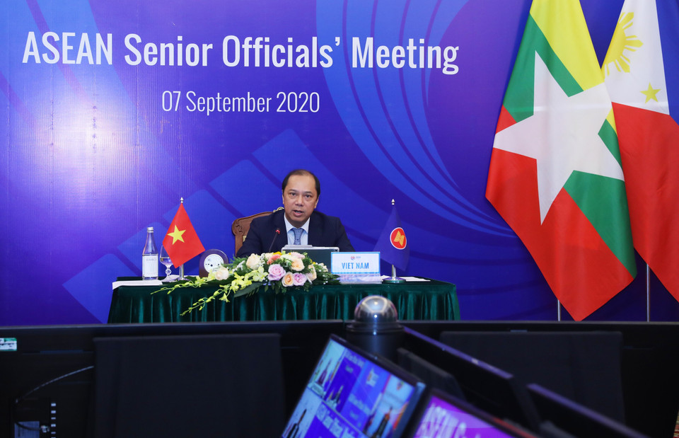 Do tình hình lây lan của dịch COVID-19, Hội nghị các Quan chức cao cấp ASEAN (SOM) được tổ chức theo hình thức trực tuyến. (Ảnh: Lâm Khánh/TTXVN)