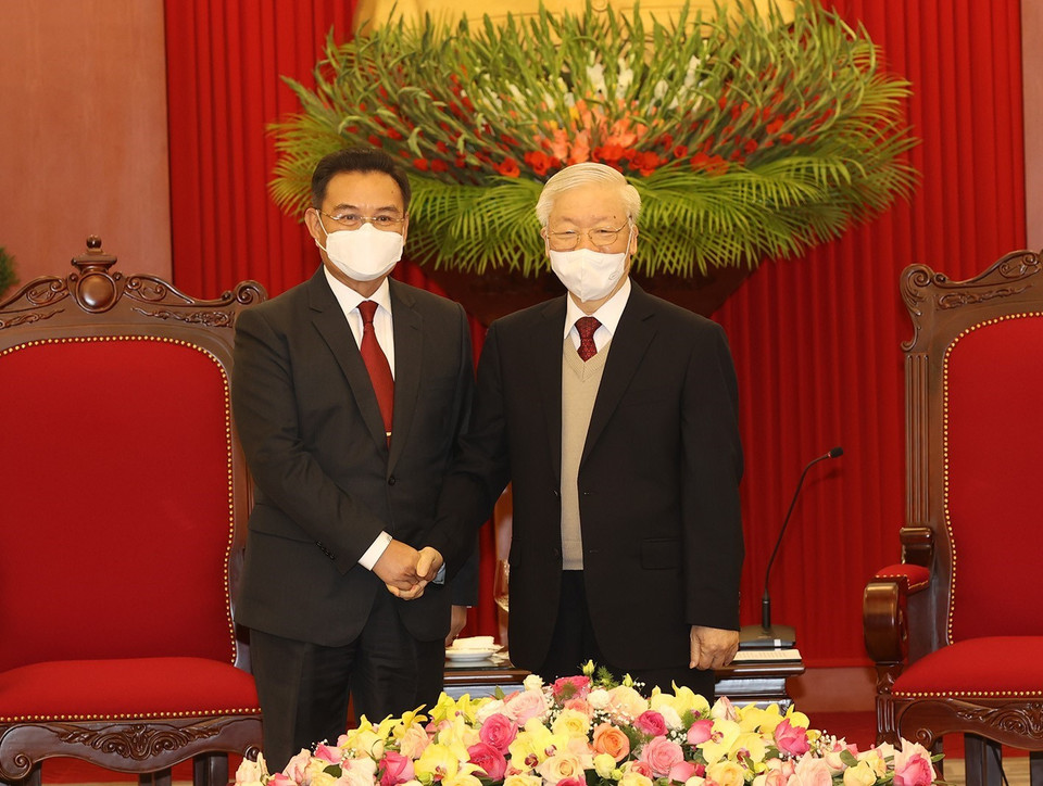 Sáng 7/12/2021, tại Trụ sở Trung ương Đảng, Tổng Bí thư Nguyễn Phú Trọng tiếp Chủ tịch Quốc hội Lào Xaysomphone Phomvihane thăm chính thức Việt Nam. (Ảnh: Trí Dũng/TTXVN)