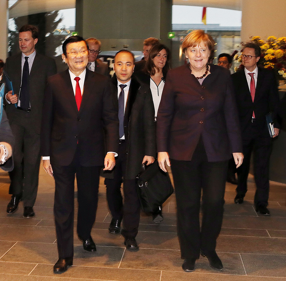 Chủ tịch nước Trương Tấn Sang gặp Thủ tướng Cộng hòa Liên bang Đức Angela Merkel tại Phủ Thủ tướng ở thủ đô Berlin. (Ảnh: Nguyễn Khang/TTXVN)