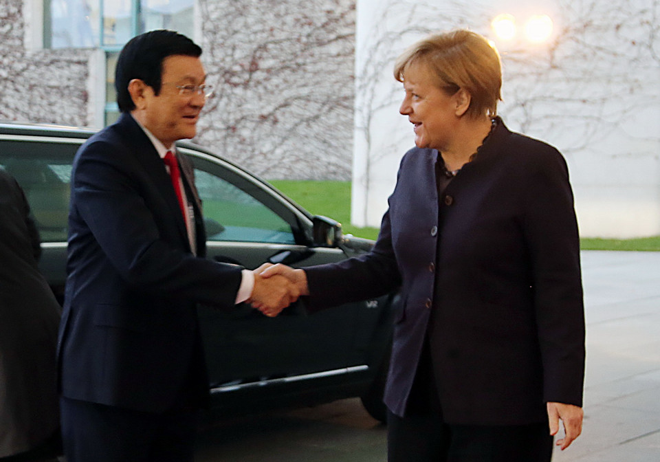 Chủ tịch nước Trương Tấn Sang gặp Thủ tướng Cộng hòa Liên bang Đức Angela Merkel tại Phủ Thủ tướng ở thủ đô Berlin. (Ảnh: Nguyễn Khang/TTXVN)