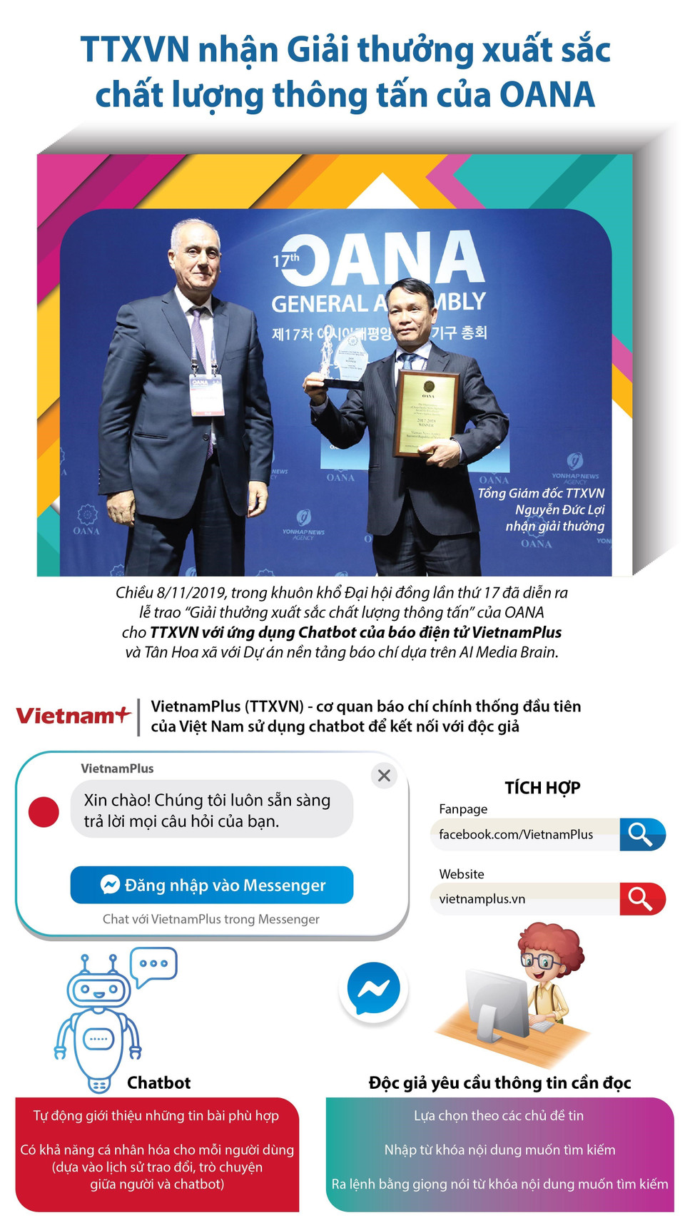 Sản phẩm Chatbot đoạt Giải Chất lượng Thông tấn của Tổ chức các Hãng Thông tấn châu Á-Thái Bình Dương (OANA). (Ảnh: TTXVN)