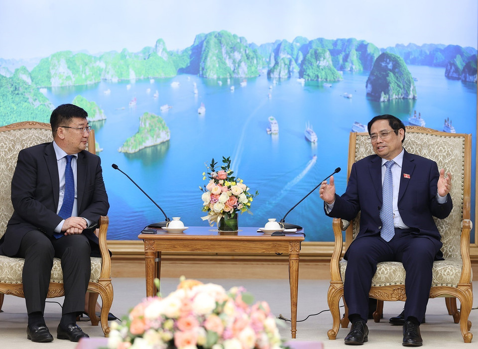 Hình ảnh Thủ tướng Phạm Minh Chính tiếp ông Jigjee Sereejav, Đại sứ Cộng hòa Nhân dân Mông Cổ tại Việt Nam. (Ảnh: Dương Giang/TTXVN)