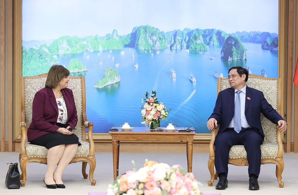 Thủ tướng Phạm Minh Chính tiếp bà Amal Abdel Kader Elmorsi Salama, Đại sứ Cộng hoà Ai Cập tại Việt Nam đến chào xã giao. (Ảnh: Dương Giang/TTXVN)