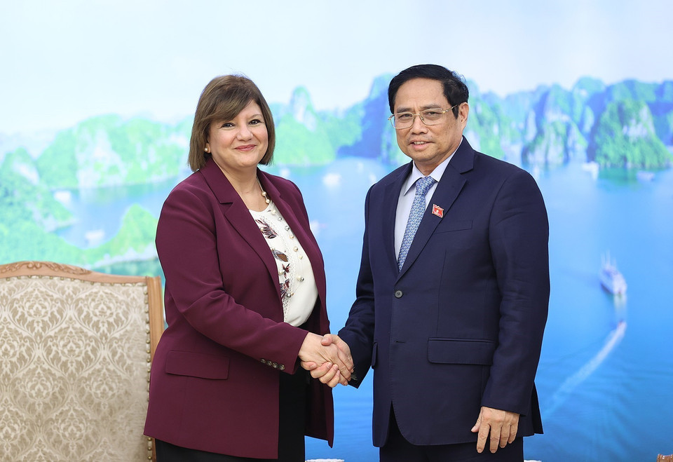 Thủ tướng Phạm Minh Chính tiếp bà Amal Abdel Kader Elmorsi Salama, Đại sứ Cộng hoà Ai Cập tại Việt Nam đến chào xã giao. (Ảnh: Dương Giang/TTXVN)