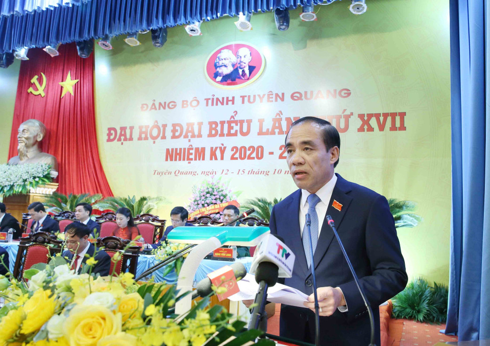 Ông Chẩu Văn Lâm, Ủy viên Trung ương Đảng, Bí thư Tỉnh ủy Tuyên Quang phát biểu khai mạc Đại hội. (Ảnh: Phương Hoa/TTXVN)