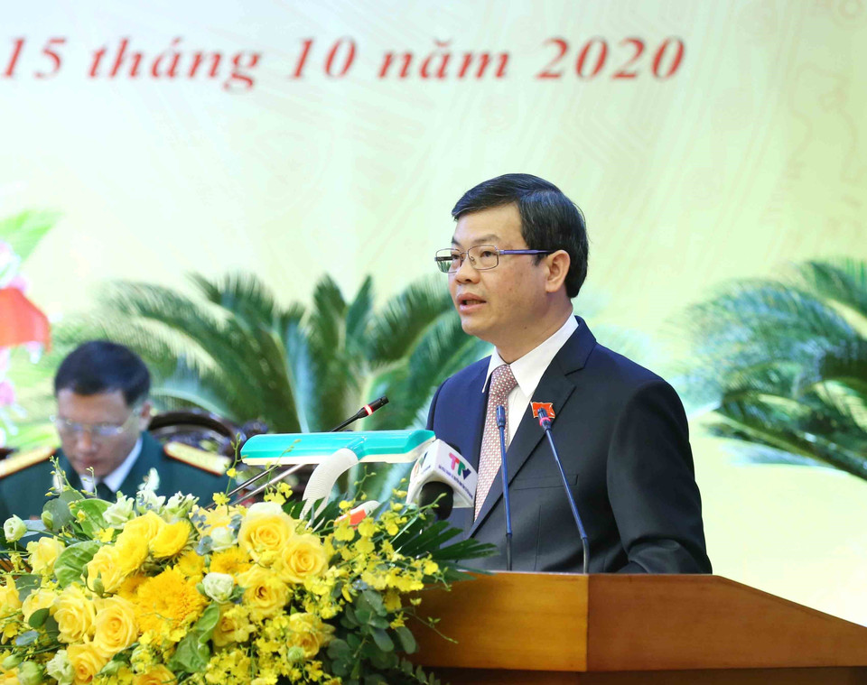 Ông Nguyễn Văn Sơn, Phó Bí thư Tỉnh ủy, Chủ tịch Ủy ban Nhân dân tỉnh Tuyên Quang phát biểu tại Đại hội. (Ảnh: Phương Hoa/TTXVN)