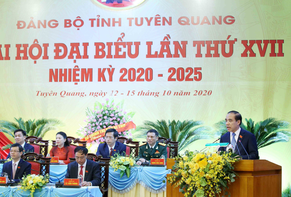 Ông Chẩu Văn Lâm, Ủy viên Trung ương Đảng, Bí thư Tỉnh ủy Tuyên Quang phát biểu khai mạc Đại hội. (Ảnh: Phương Hoa/TTXVN)
