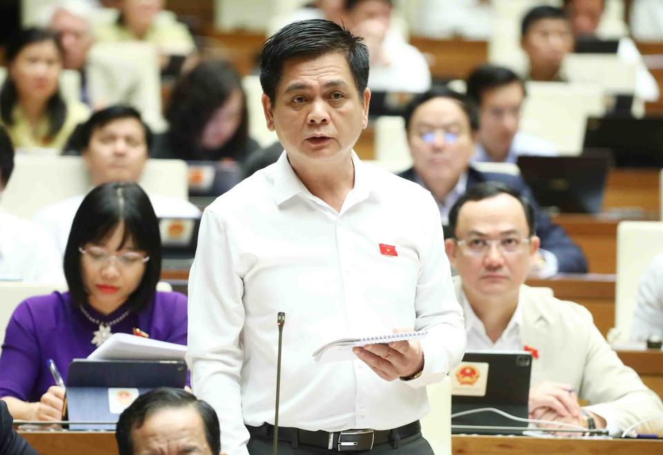 Đại biểu Quốc hội tỉnh Thái Nguyên Nguyễn Lâm Thành đặt câu hỏi chất vấn. (Ảnh: Doãn Tấn/TTXVN)