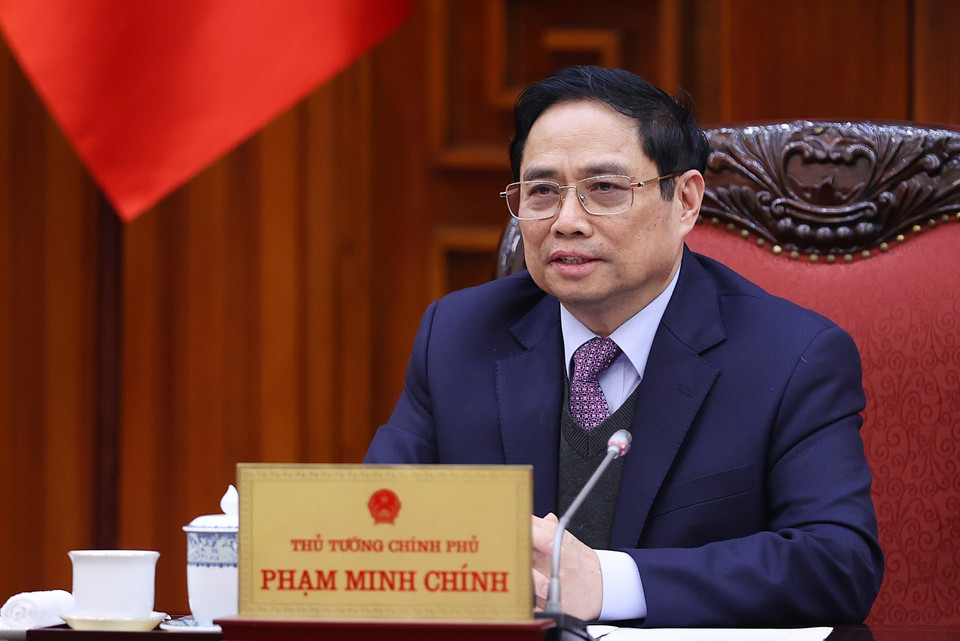 Thủ tướng Phạm Minh Chính phát biểu tại cuộc tiếp ông Choi Joo Ho, Tổng Giám đốc Tổ hợp Samsung Việt Nam. (Ảnh: Dương Giang/TTXVN)