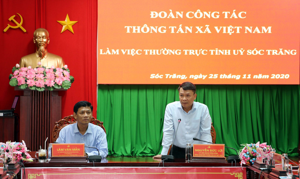 Đồng chí Nguyễn Đức Lợi, Ủy viên Trung ương Đảng, Tổng Giám đốc Thông tấn xã Việt Nam phát biểu tại buổi làm việc.(Ảnh: Trung Hiếu/TTXVN)