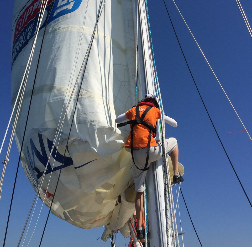 Chuẩn bị căng buồm sau khi rời cảng Sydney. (Ảnh: Khánh Linh/Vietnam+)