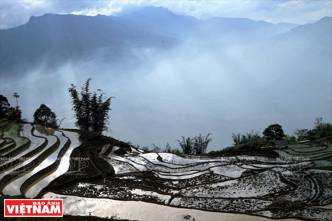 Ánh nắng cuối ngày lọt xuống sau những dãy núi xa khiến thửa ruộng bậc thang A Lù trở nên lung linh huyền ảo. (Ảnh: Nguyễn Thắng)