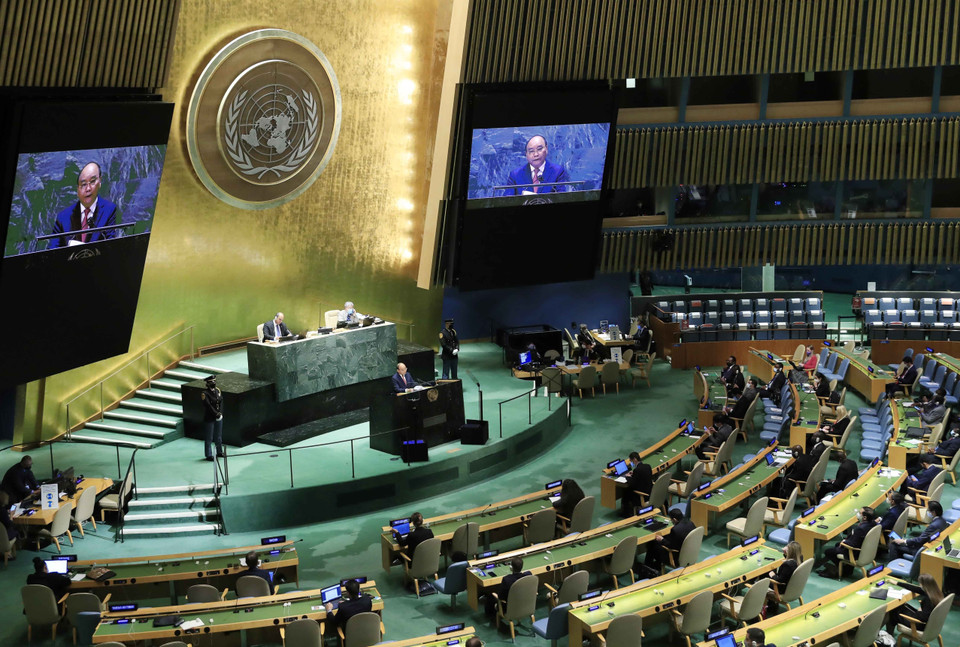 Chủ tịch nước Nguyễn Xuân Phúc khẳng định Việt Nam là thành viên tích cực, đóng góp trách nhiệm vào nỗ lực chung của cộng đồng quốc tế. (Ảnh: Thống Nhất/TTXVN)