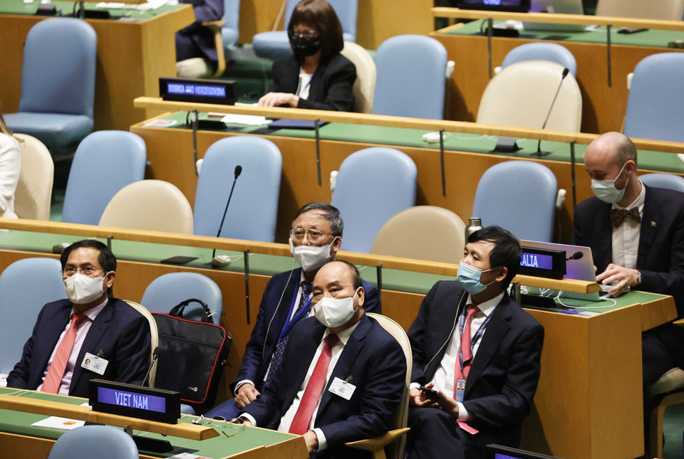 Chủ tịch nước Nguyễn Xuân Phúc tham dự Phiên thảo luận Cấp cao Đại hội đồng Liên hợp quốc lần thứ 76. (Ảnh: Thống Nhất/TTXVN)