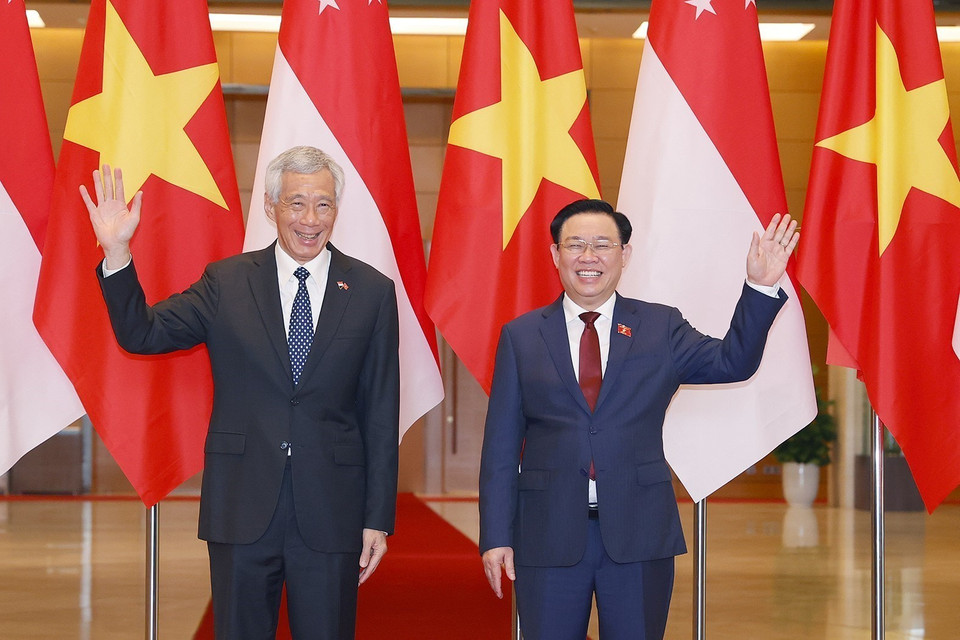 Chiều 28/8/2023, tại Nhà Quốc hội, Chủ tịch Quốc hội Vương Đình Huệ tiếp Thủ tướng Singapore Lý Hiển Long thăm chính thức Việt Nam. (Ảnh: Doãn Tấn/TTXVN)