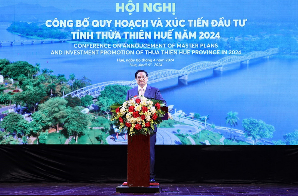 Thủ tướng Phạm Minh Chính phát biểu tại Hội nghị công bố Quy hoạch tỉnh Thừa Thiên-Huế. (Ảnh: Dương Giang/TTXVN)