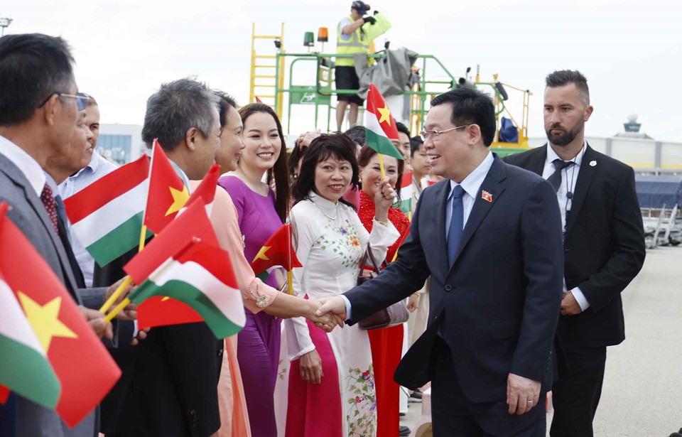 Kiều bào tại Hungary đón Chủ tịch Quốc hội Vương Đình Huệ và Đoàn Đại biểu cấp cao Quốc hội Việt Nam. (Ảnh: Doãn Tấn/TTXVN)