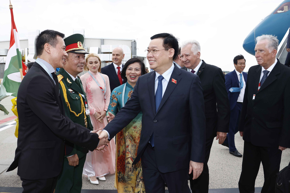 Kiều bào tại Hungary đón Chủ tịch Quốc hội Vương Đình Huệ và Đoàn Đại biểu cấp cao Quốc hội Việt Nam. (Ảnh: Doãn Tấn/TTXVN)