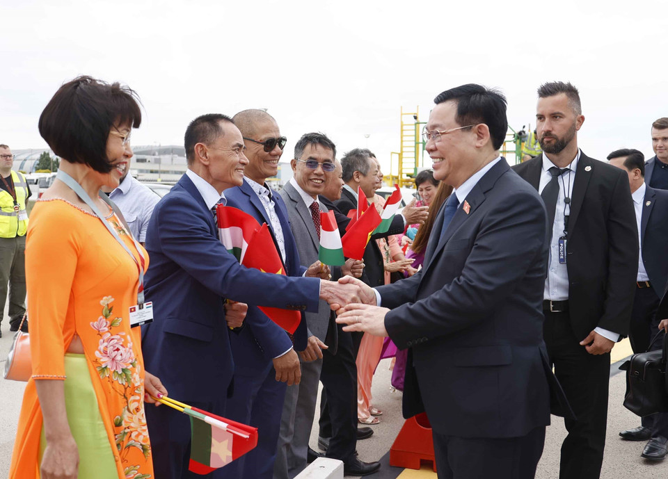 Kiều bào tại Hungary đón Chủ tịch Quốc hội Vương Đình Huệ và Đoàn Đại biểu cấp cao Quốc hội Việt Nam. (Ảnh: Doãn Tấn/TTXVN)